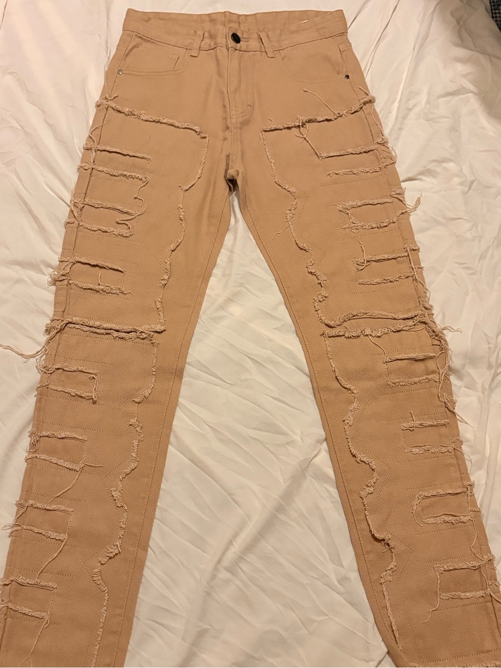 Men's Distressed Slim Fit Jeans in Tan